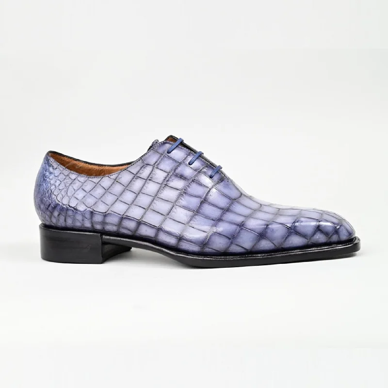 VSong MTO Blue Grey Crocodile Oxfords Shoes