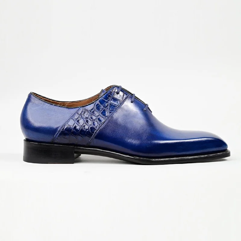 VSong MTO Blue Crocodile Oxfords Shoes Burnished