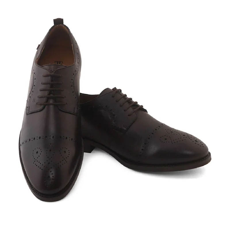 Ezok Men Brown Burnish Finish Perforated Leather Derby Shoes