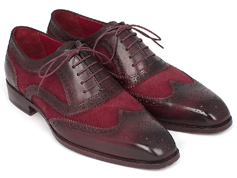 Paul Parkman Suede & Calfskin Men's Wingtip Oxfords Bordeaux (ID#228BRDSD)