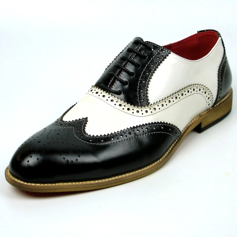 Fiesso FI-7400 Black White Wing Tip Lace Up Oxfords