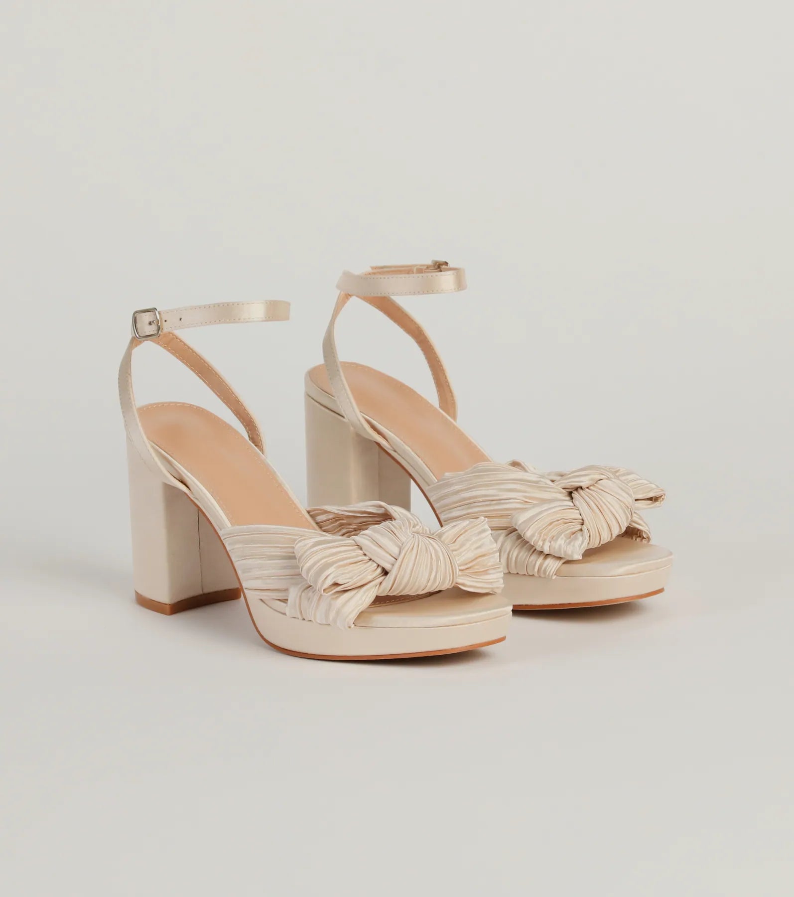 Elegance Served Satin Pleated Bow Block Heels