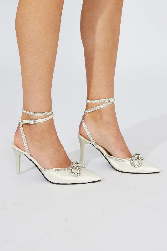 White Diamonte Bow Strappy Pointed Heels