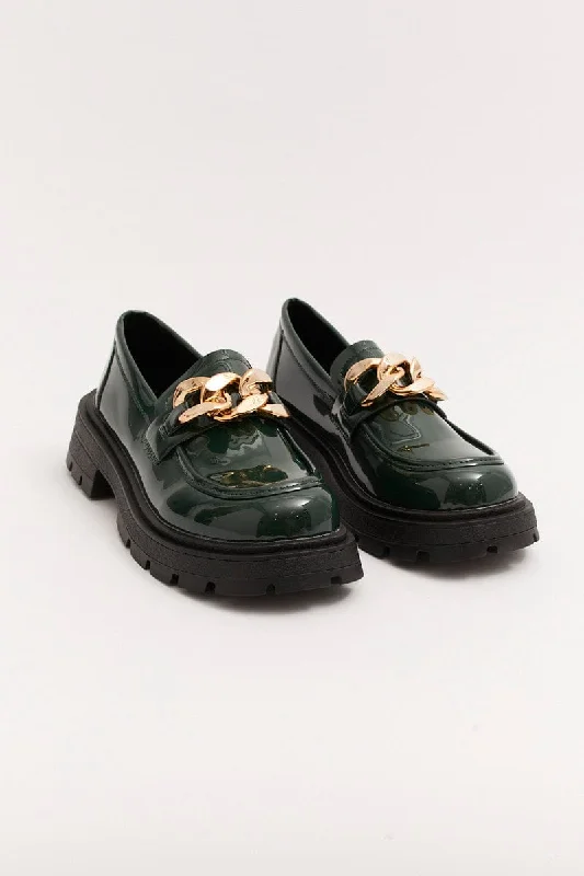 Green Chain Detail Chunky Sole Loafers In Patent