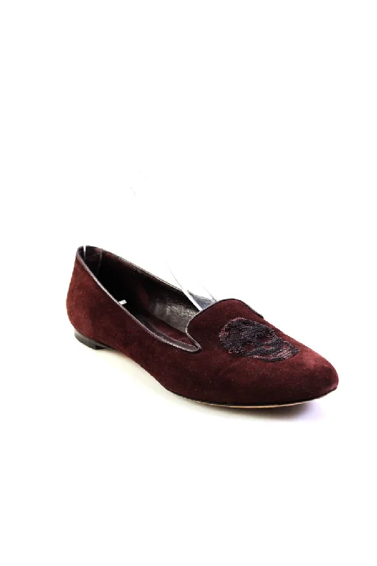 Alexander McQueen Womens Dark Red Suede Skull Print Loafer Shoes