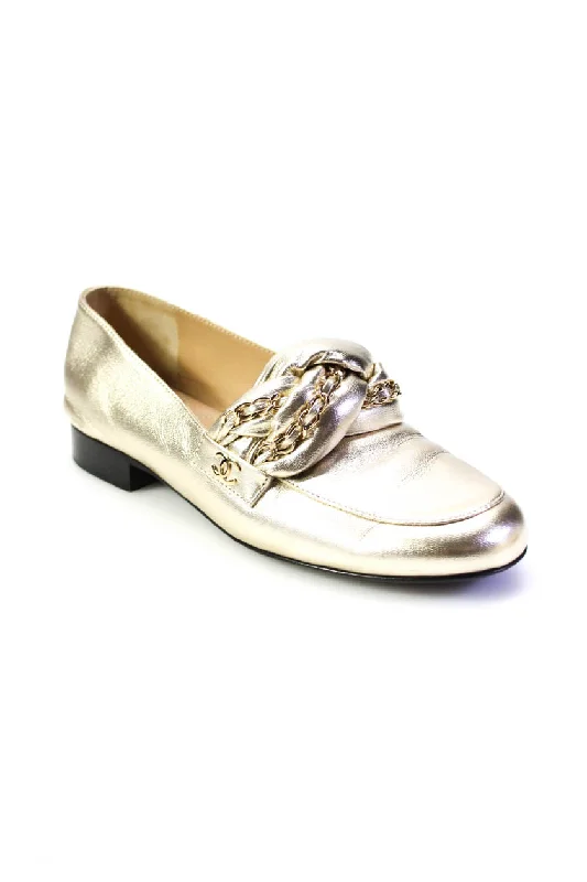 Chanel Womens Metallic Chain-Link Braided CC Loafers Gold Tone Leather