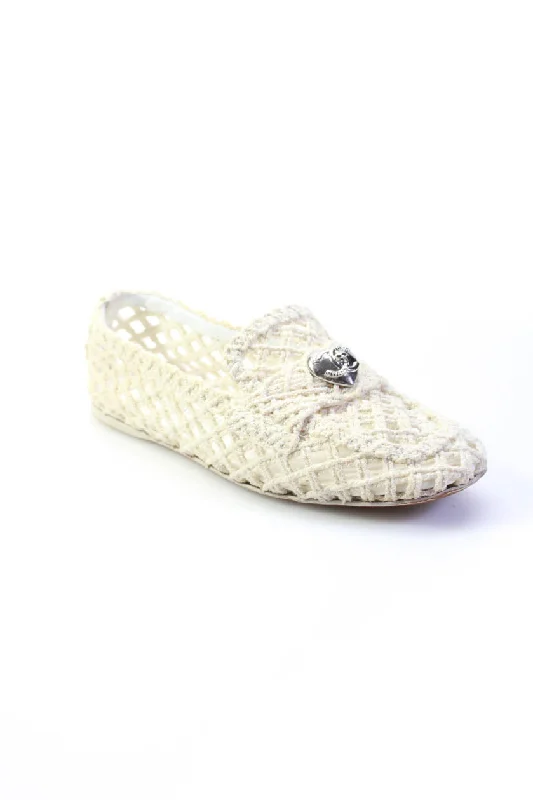 Chanel Womens Woven Slide On Heart Logo Mocassin Loafers White