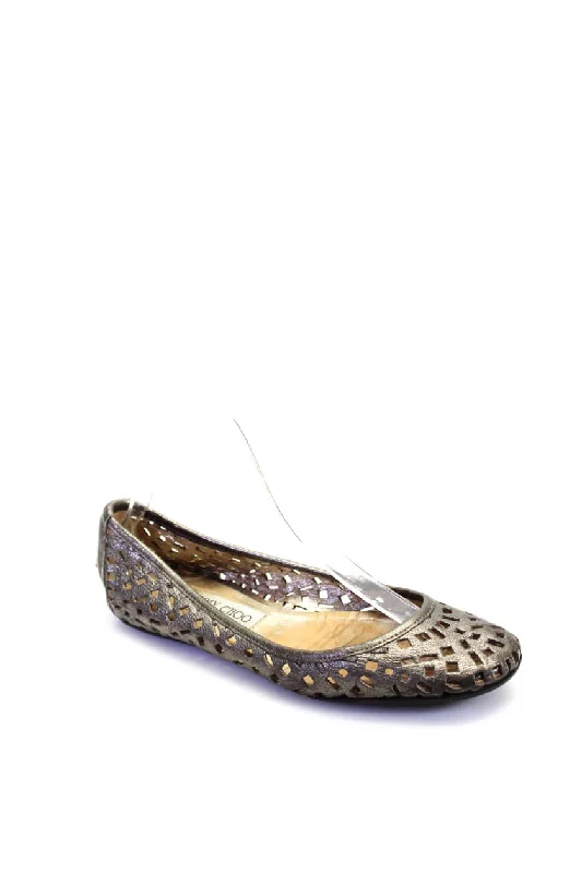 Jimmy Choo Womens Leather Metallic Textured Round Slip-On Flats Gold