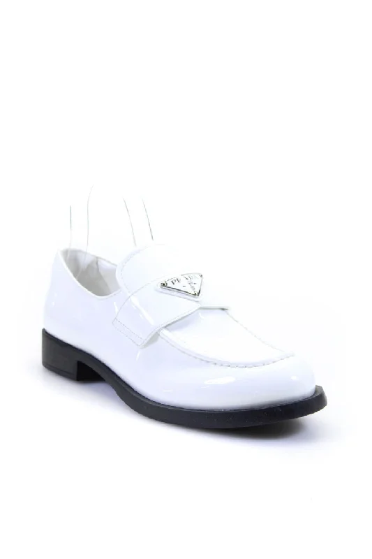 Prada Womens Slip On Round Toe Logo Patent Leather Loafers White